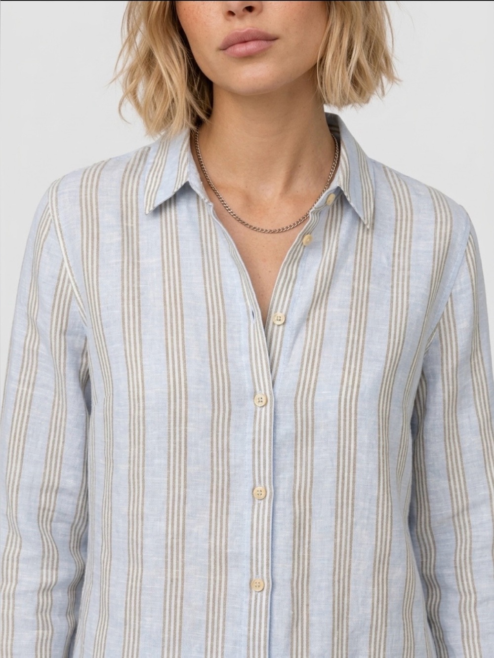 Christian Siriano 100% Linen Long Sleeve Button Down Striped Blue Gold Shirt L